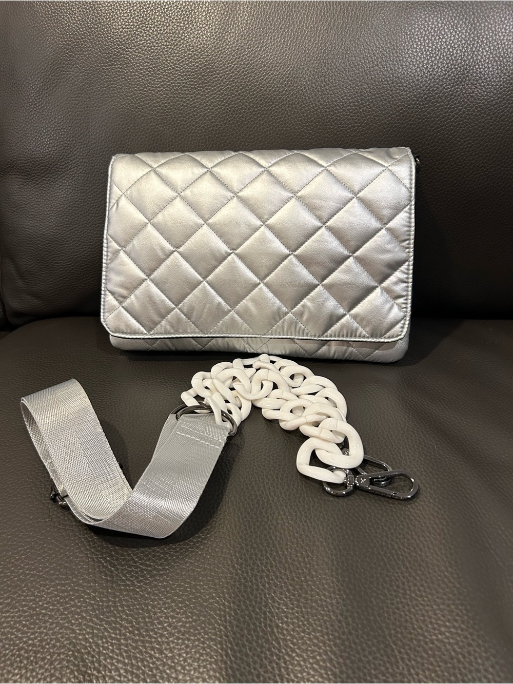 Haute Shore like new Quilted Metallic Silver Crossbody Bag with Chain Strap